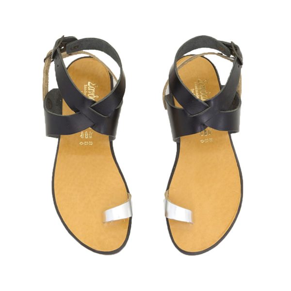 aamorgos traditional leather sandals in black silver leather